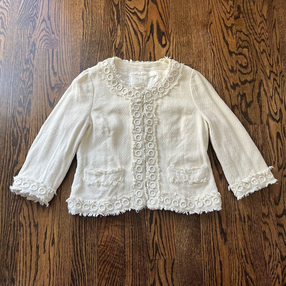 Kate Spade Women's Cream Boucle Fringe Trim Cropped Blazer Jacket (Size 12)